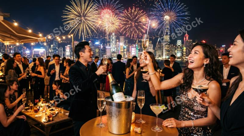 A night party scene with champagne, bottle, cocktails and fireworks, glamorous celebration mood, sparkling festive atmosphere, ultra-realistic, no logos.