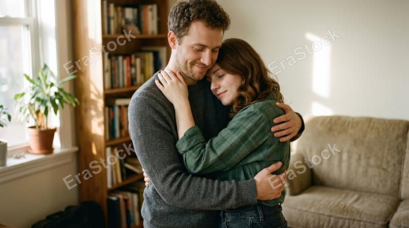 A quiet embrace between two people deeply in love, close bodies and softened smiles, subtle fabric textures, warm ambient light and a heartfelt peaceful atmosphere, ultra-realistic, no logos.