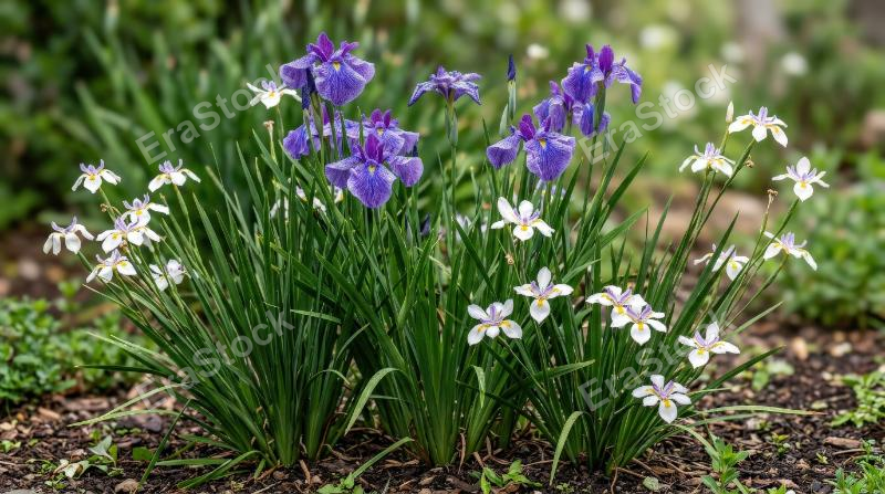 Flowering iris and African iris with sword-like leaves and delicate blooms, frontal isolated garden arrangement in bright natural detail, ultra-realistic, no logos.