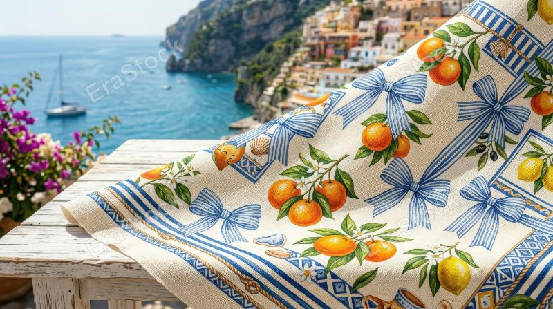 A Capri-inspired summer pattern with ribbon bows, oranges and striped coastal details, bright vacation energy and Mediterranean chic, ultra-realistic, no logos.