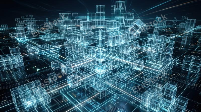 Glass cube blocks assembling into a sleek digital architecture, transparent modular forms and networked depth, advanced platform ecosystem atmosphere, ultra-realistic, no logos.