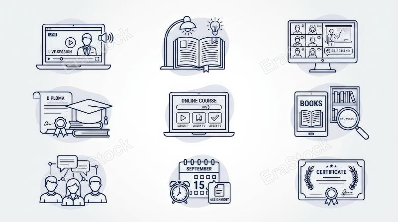 An online education icon set with e-learning, study, laptop and academic symbols in editable stroke style, focused digital classroom atmosphere, ultra-realistic, no logos.