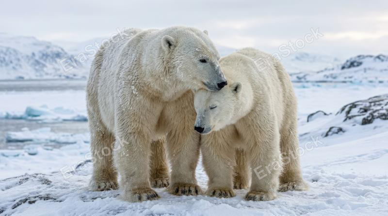 A polar bear couple standing close together, soft white fur, gentle snowy tones and tender affectionate mood, ultra-realistic, no logos.