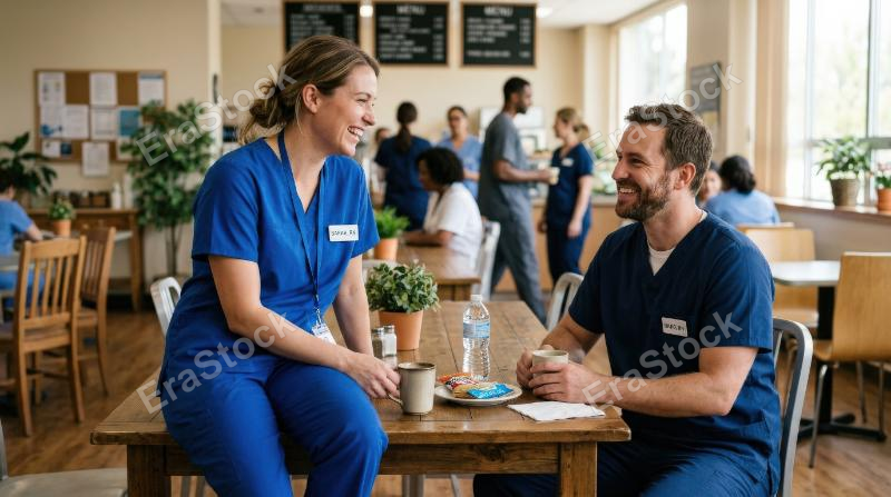 A smiling female nurse talking with a male colleague while seated on a table in a clinic cafeteria, casual break setting, soft indoor light, friendly healthcare atmosphere, ultra-realistic, no logos.