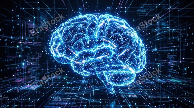 A blue brain made of particles and sparkling light, futuristic AI concept with glowing neural energy and digital atmosphere, ultra-realistic, no logos.