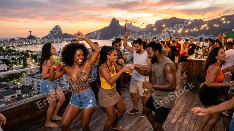 Brazilian friends dancing funk and sharing drinks on a rooftop in Rio, city skyline, casual summer style, animated movement, vibrant festive energy, warm sunset light, ultra-realistic, no logos.