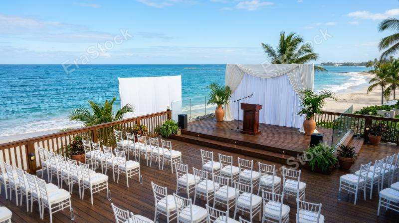 A beachfront stage with open ocean view prepared for presentations and events, clean elegant setup, bright sky and polished seaside sophistication, ultra-realistic, no logos.