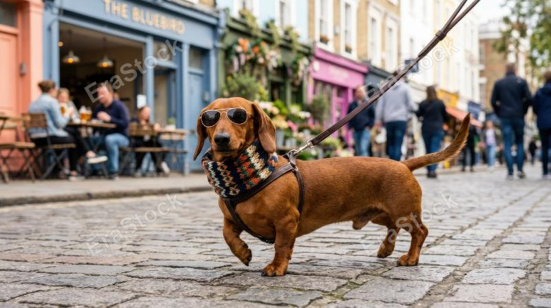 A stylish dachshund wearing a scarf and sunglasses, long body posed with playful confidence, bright casual backdrop and humorous fashionable mood, ultra-realistic, no logos.