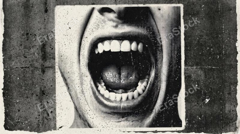 A screaming mouth in halftone stipple dotwork, expressive grainy photocopy texture, raw punk energy and vintage brutalist mood, ultra-realistic, no logos.