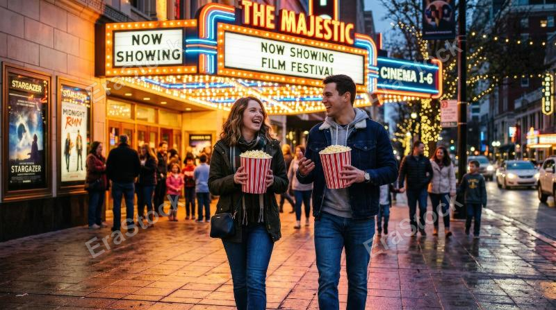 Two people holding popcorn while walking outside a theater, colorful evening scene, bright facade lights, cheerful cinema mood, ultra-realistic, no logos.
