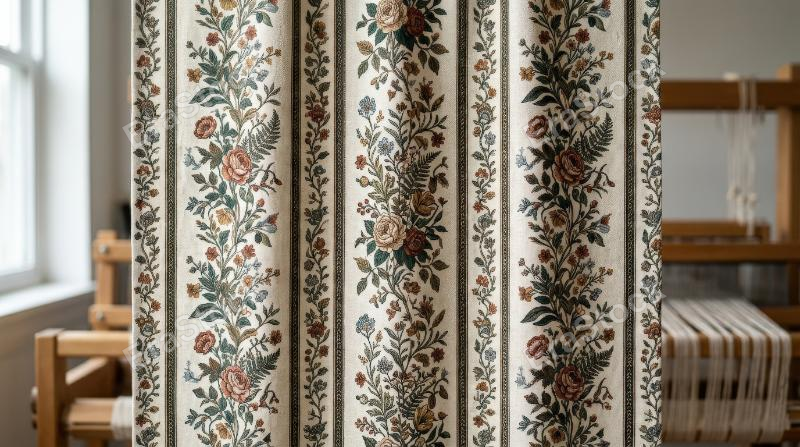 A fashion-forward vertical striped floral pattern with botanical motifs and modern vintage rhythm, refined textile design atmosphere, ultra-realistic, no logos.