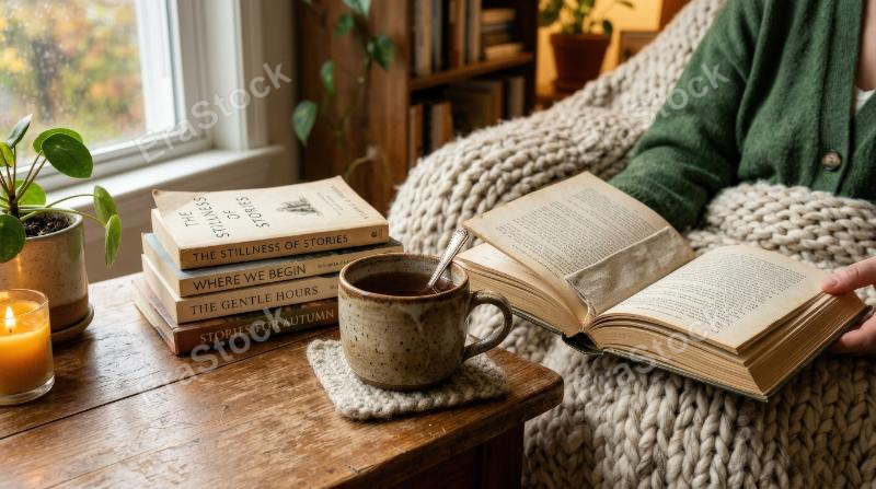 A cozy tea time scene with books and coffee, stacked pages, ceramic cup, soft blanket textures, warm indoor light, peaceful reflective mood, ultra-realistic, no logos.