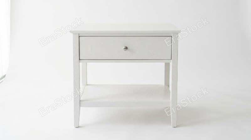 A white wooden nightstand with one drawer and a lower shelf on a plain white background, subtle wood texture and soft studio lighting, simple elegant atmosphere, ultra-realistic, no logos.
