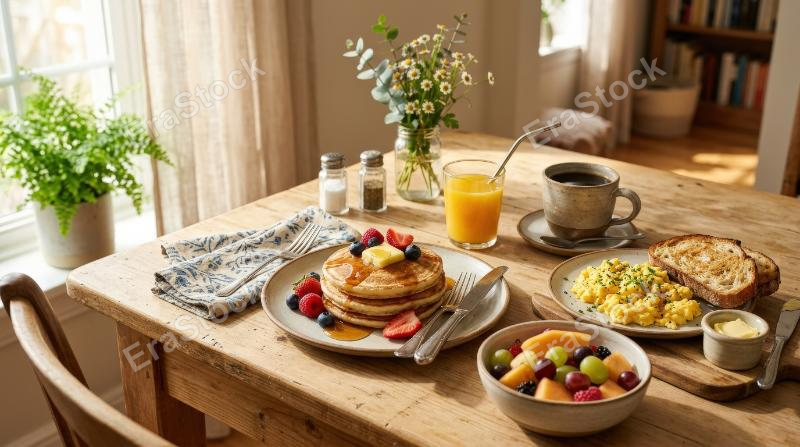 A breakfast food arrangement with coffee, toast, fruit, pancakes, and eggs on a bright cheerful table, soft morning sunlight and cozy homestyle mood, ultra-realistic, no logos.
