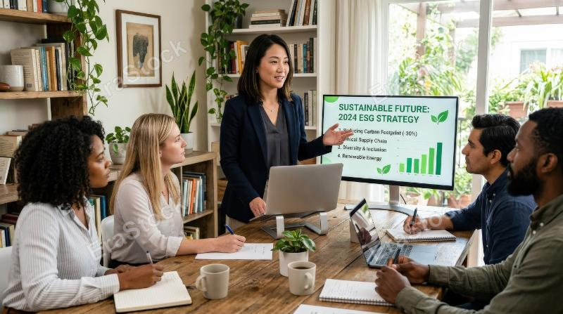 An Asian woman leading a young multiethnic business team meeting with a laptop and ESG presentation on a monitor, home office setting, focused sustainable business atmosphere, ultra-realistic, no