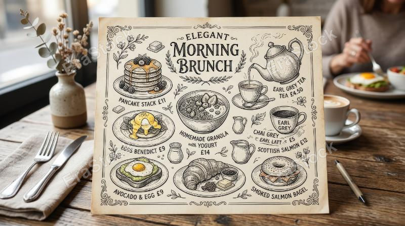 Elegant retro breakfast and brunch doodles with morning tea icons, vintage ink linework and a calm inviting café-menu mood, ultra-realistic, no logos.