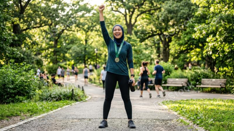 A veiled young Asian Muslim woman in sportswear celebrating a fitness achievement in the park, confident posture, fresh greenery, active strength and uplifting atmosphere, ultra-realistic, no logos.