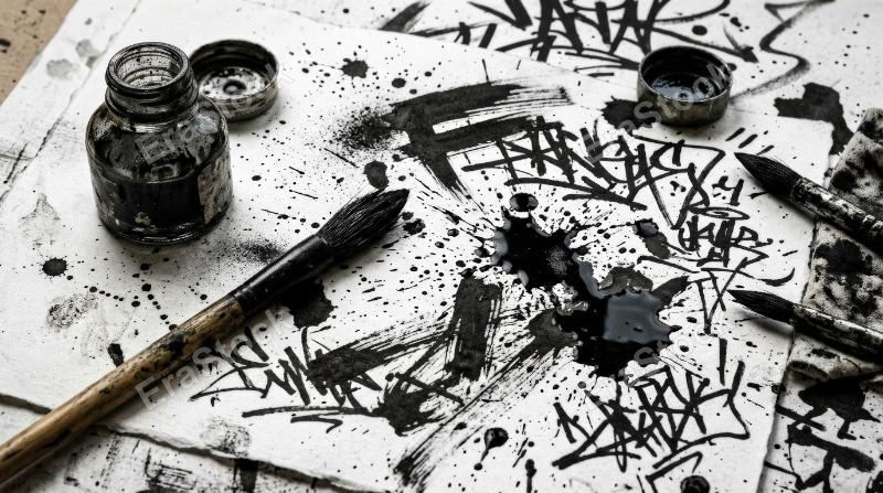 A black ink splatter kit with brush strokes, graffiti stains and messy liquid shapes on white, raw grunge art atmosphere, ultra-realistic, no logos.