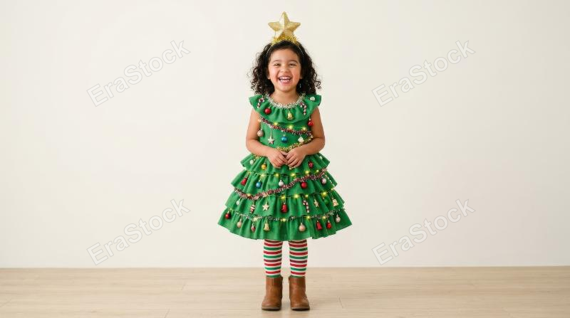 A happy Hispanic child dressed as a Christmas tree with a star on their head, smiling joyfully, isolated clean background, whimsical holiday portrait, ultra-realistic, no logos.