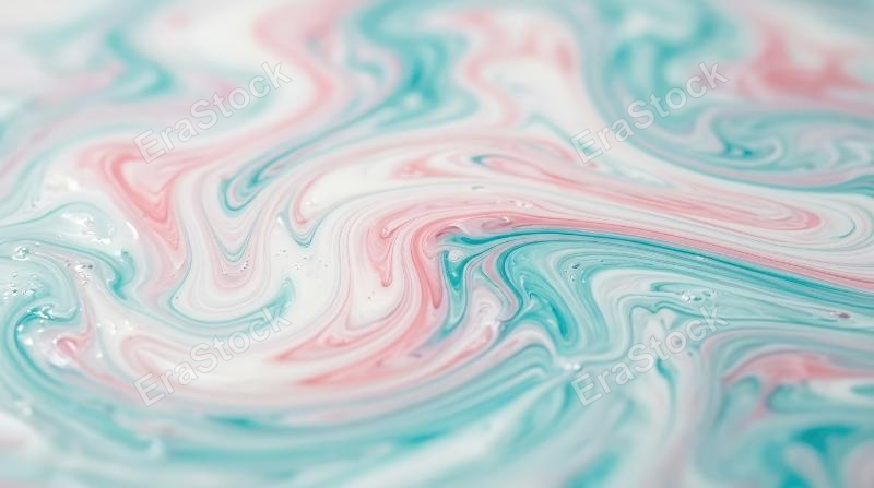 A macro liquid texture with white, pink and turquoise swirls, soft marble-like motion and dreamy fluid calm in cool tones, ultra-realistic, no logos.