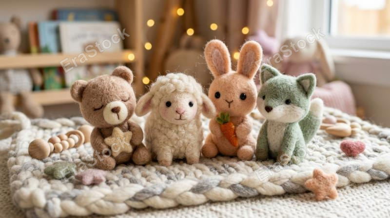 Cute soft wool-felt baby mascots in a playful arrangement, tactile fuzzy texture, gentle pastel tones, warm imaginative background mood, ultra-realistic, no logos.