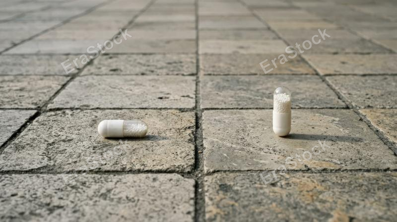 One capsule lying on tiled ground while another capped capsule stands nearby, minimal surreal composition, subtle shadows, quirky conceptual mood, ultra-realistic, no logos.