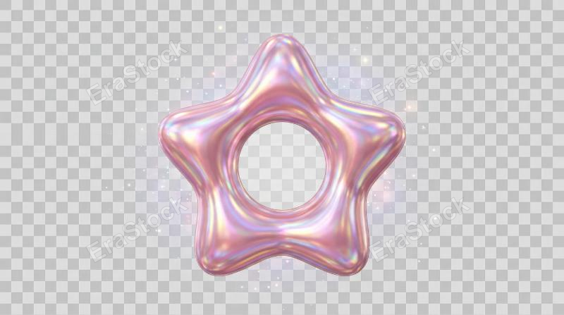 A holographic star frame ring in glossy pink pearl tones, isolated on transparent background, iridescent reflections, smooth inflated contour, dreamy celestial mood, ultra-realistic, no logos.