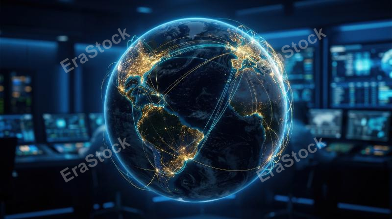A glowing world map at night with luminous city nodes and digital network links across continents, deep blue global-tech atmosphere, ultra-realistic, no logos.