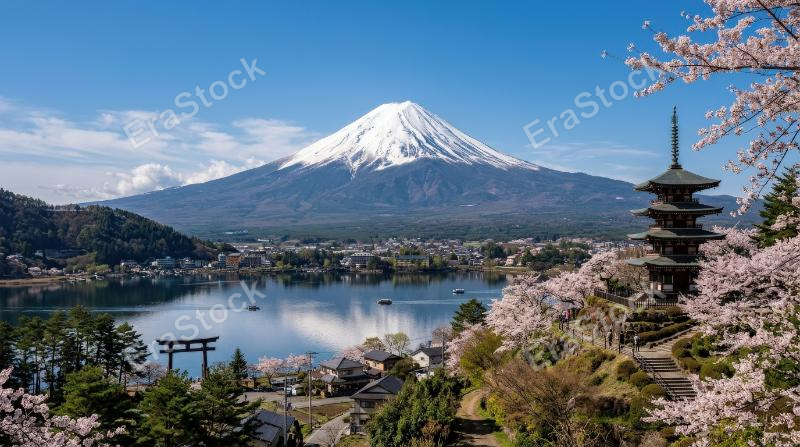 Mount Fuji rising beautifully over Japan, serene composition, crisp peak, cultural landscape atmosphere, ultra-realistic, no logos.