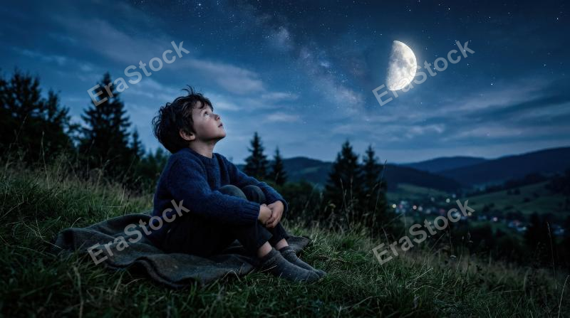 A boy gazing up at the moon, quiet night sky, dreamy blue tones, gentle wonder and childhood imagination, ultra-realistic, no logos.