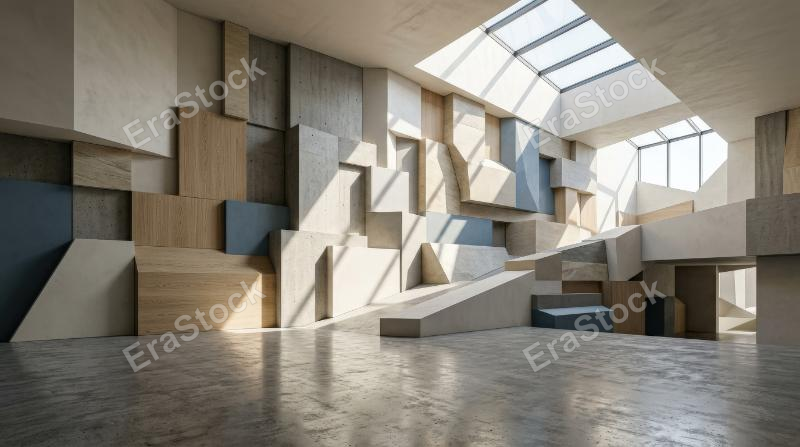 A background of abstract geometric blocks, layered forms and directional light creating a clean contemporary design space, ultra-realistic, no logos.