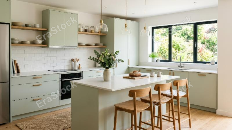 A modern kitchen with light green cabinets, white countertops, light brown chairs, and minimalist hanging lights, fresh daylight and clean Scandinavian styling, ultra-realistic, no logos.