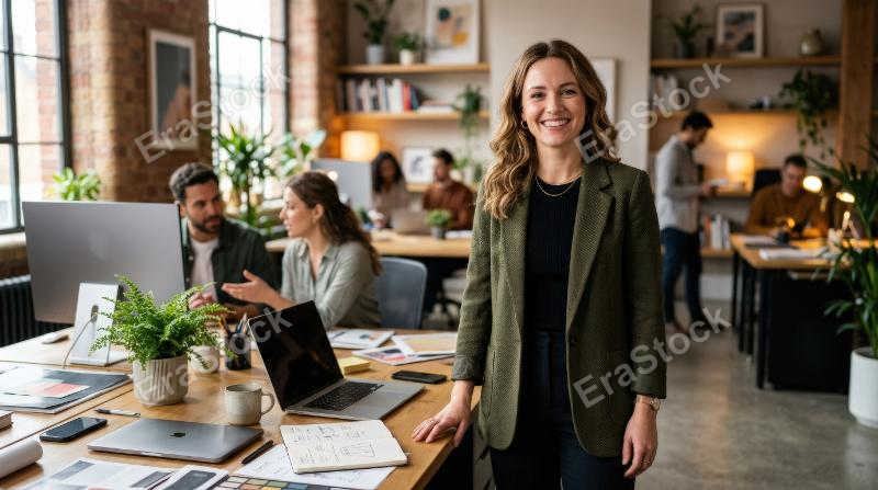 Portrait of a smiling female creative professional standing near a desk with colleagues in the background at the office, stylish workspace, soft natural light, confident contemporary atmosphere,