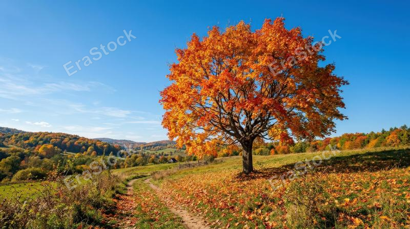 A beautiful autumn tree beneath a clear blue sky, glowing seasonal foliage and bright natural tranquility, ultra-realistic, no logos.