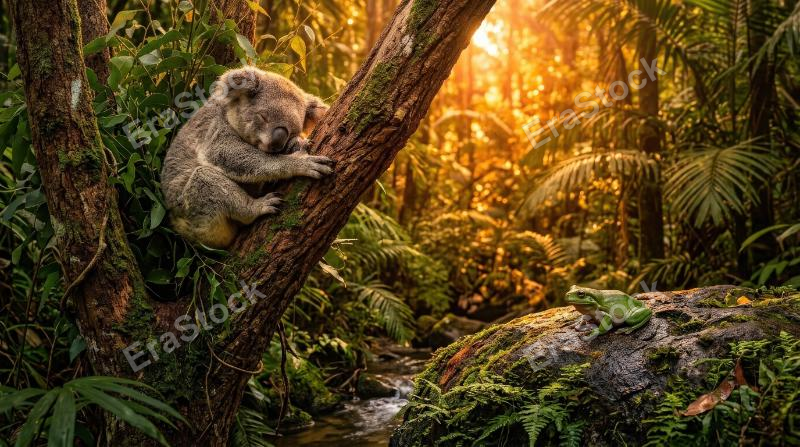 A koala sleeping in a tree and a frog sitting on a rock in a jungle at sunset, warm orange light, calm wildlife setting, ultra-realistic, no logos.