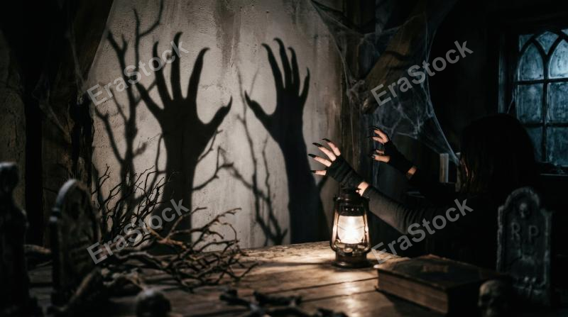 Terrifying shadow hands with long nails rising in silhouette, graveyard-inspired darkness, eerie claw shapes and stark wall projection, chilling Halloween mood, ultra-realistic, no logos.