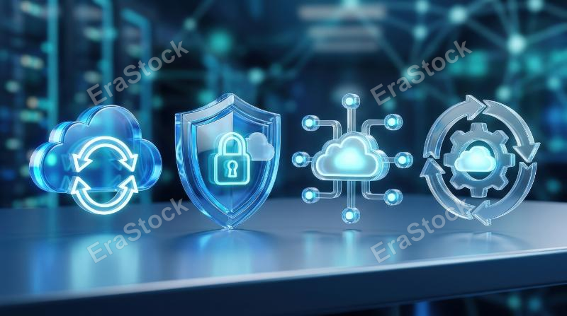 A crystal-clear cloud security icon set with sync, protection, network, and development process symbols, polished glassmorphism styling, ultra-realistic, no logos.
