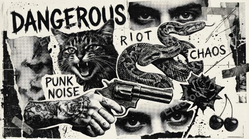 Dangerous retro collage elements with photocopy stipple effect, cat, snake, flower, cherry, pistol, hands and eyes in gritty dotwork, rebellious punk mood, ultra-realistic, no logos.