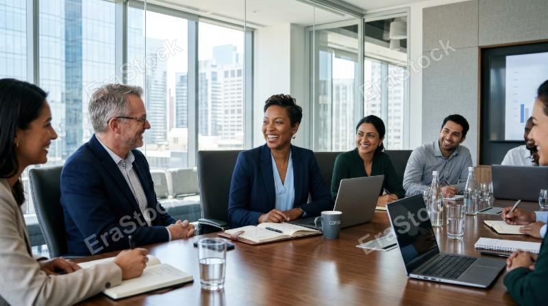 A smiling short-haired female business professional in a glass-walled board room meeting with colleagues, polished conference table, notebooks and laptops, bright corporate daylight, confident and