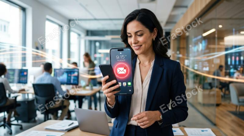 A person checking a smartphone with a glowing new email notification icon, clean digital background, bright messaging cues, connected business communication atmosphere, ultra-realistic, no logos.