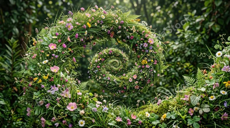 A botanical abstract spiral with dense grass and floral detail, layered greenery, intricate petal forms, elegant motion, lush and immersive atmosphere, ultra-realistic, no logos.