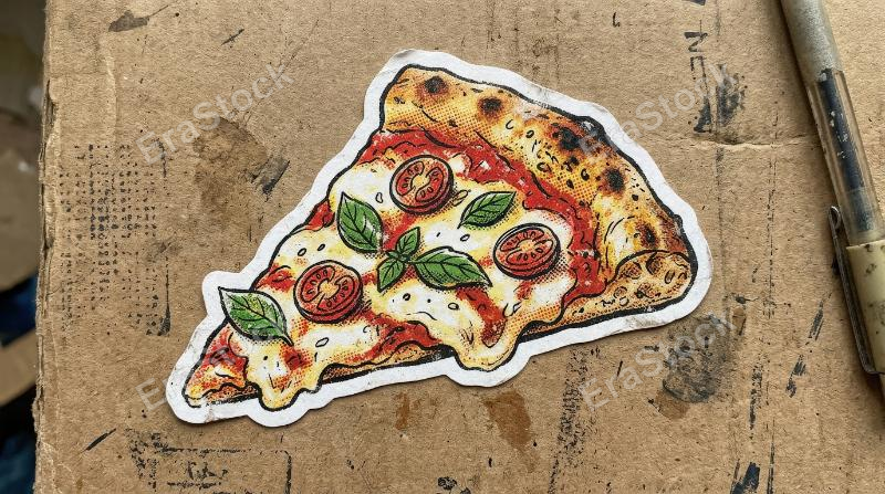 An Italian pizza slice with doodled tomato basil and melting cheese, halftone cutout sticker styling, playful food-zine mood with retro grunge charm, ultra-realistic, no logos.