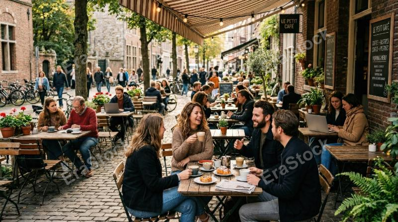 An outdoor café terrace with people drinking, talking and relaxing at morning tables, cozy urban coffee-shop atmosphere and casual social warmth, ultra-realistic, no logos.