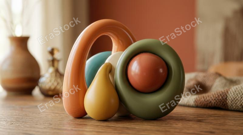 Retro-themed abstract composition in nostalgic colors, smooth sculptural forms, soft gradients and subtle shine, stylish vintage-futurist mood, ultra-realistic, no logos.