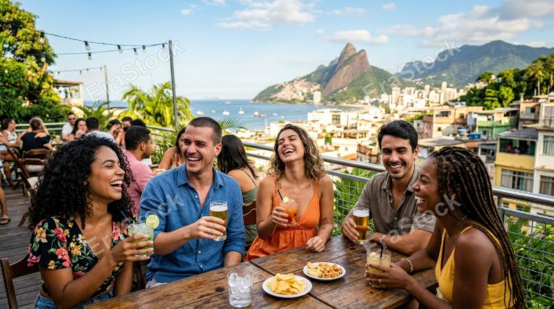 Friends laughing and enjoying drinks on a sunny day in Rio de Janeiro, urban summer backdrop, cheerful energy, warm natural light, ultra-realistic, no logos.