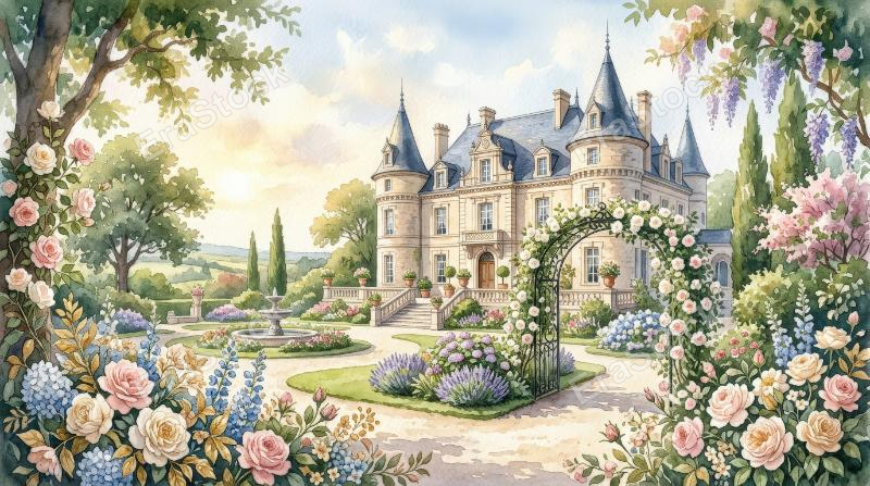 Luxury watercolor wedding chateau in a lush garden setting, romantic invitation background with refined estate elegance and soft sunlight, ultra-realistic, no logos.