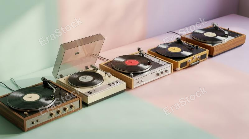 Retro vinyl record players arranged diagonally on a pastel studio background, nostalgic forms, clean composition, stylish vintage atmosphere, ultra-realistic, no logos.