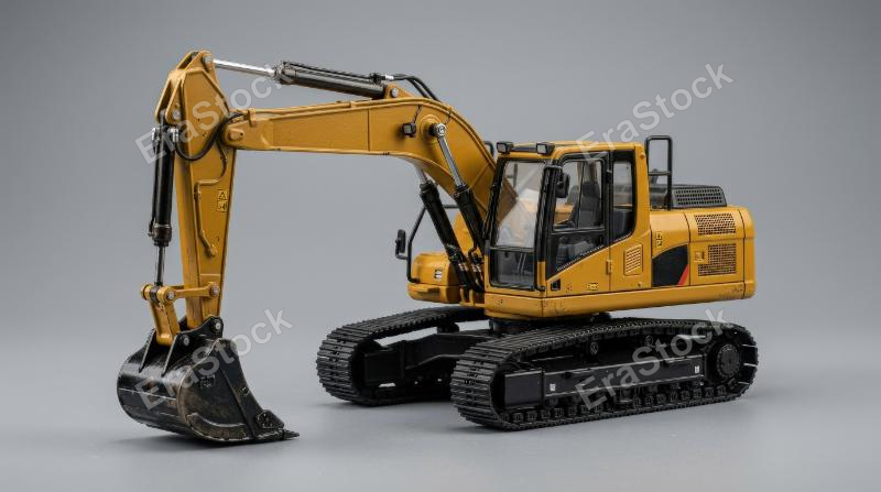 A yellow toy excavator with a black bucket on a gray background, sturdy miniature details, matte and glossy textures with clean studio lighting, ultra-realistic, no logos.