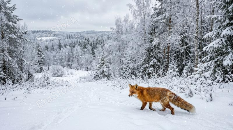 A winter panorama with a red fox in the snowy foreground, frosted trees, drifting snowflakes and quiet forest beauty, ultra-realistic, no logos.