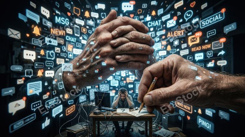 A big idea concept with giant hands and a tiny pencil, communication overload, messaging and social media symbolism, ultra-realistic, no logos.
